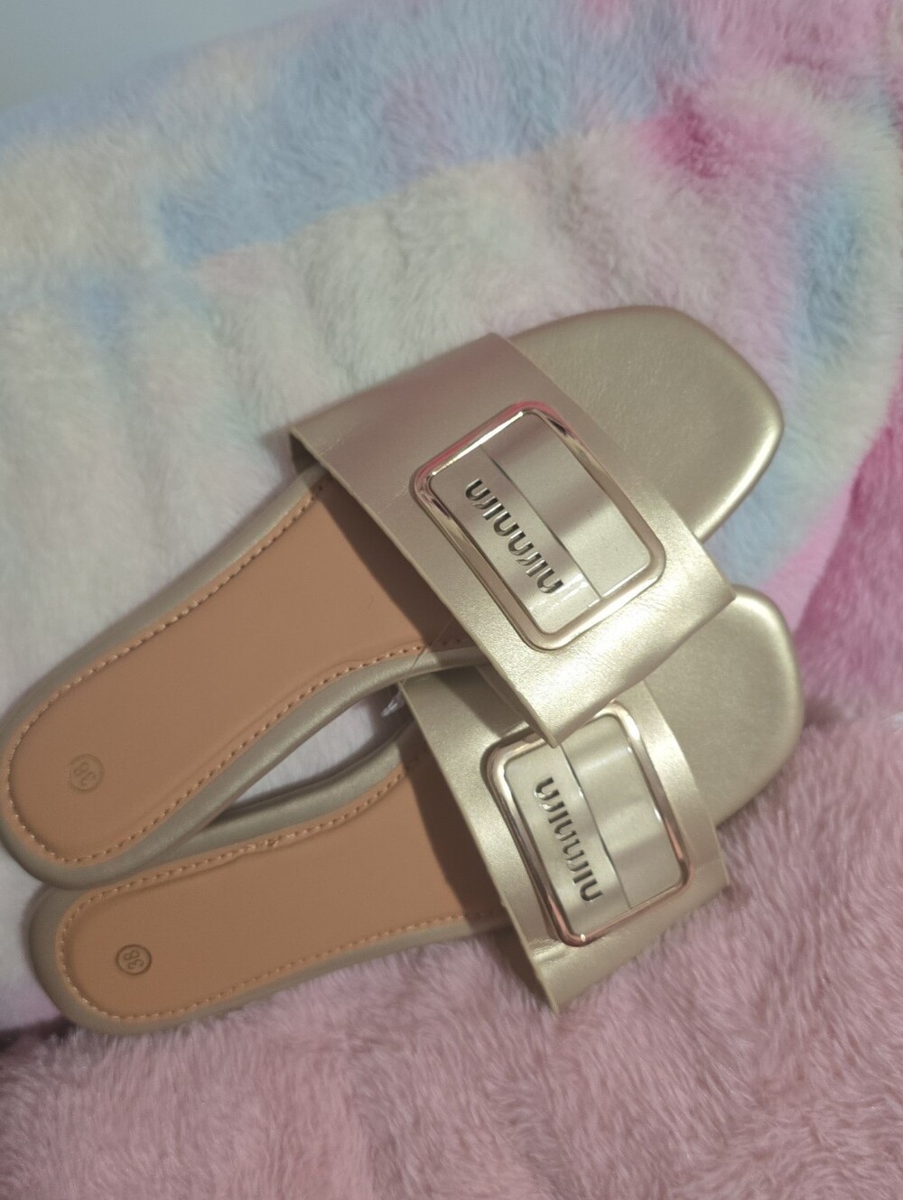 Metallic Champagne Slide Sandals with Buckle Detail